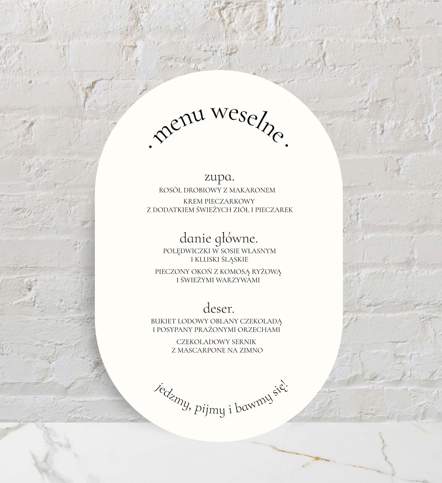 Menu ślubne jednokartkowe, eleganckie, klasyczne, owalne, papier premium