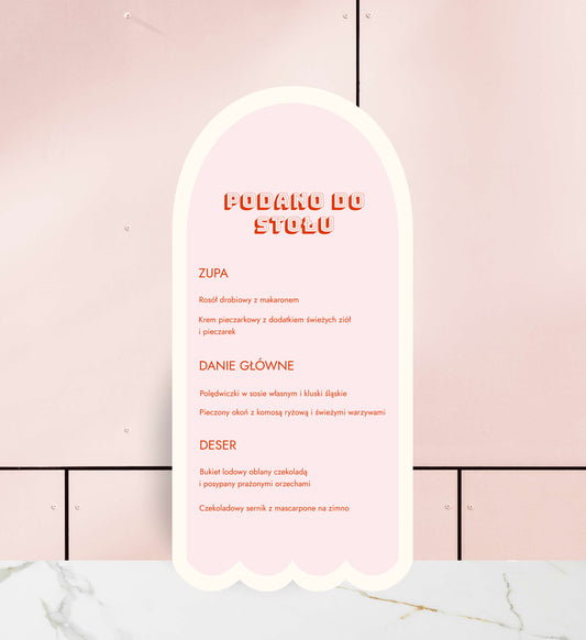 Menu jednokartkowe ślubne o niestandardowym wzorze, nowoczesne, na papierze premium