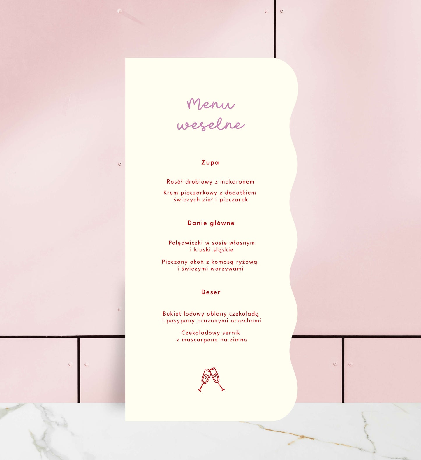 Menu ślubne jednokartkowe, nietypowe kształty, oryginalne, papier premium