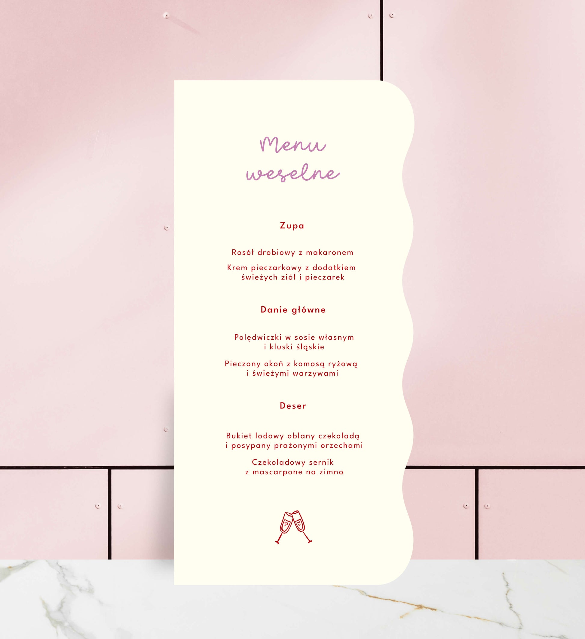 Menu ślubne jednokartkowe, nietypowe kształty, oryginalne, papier premium