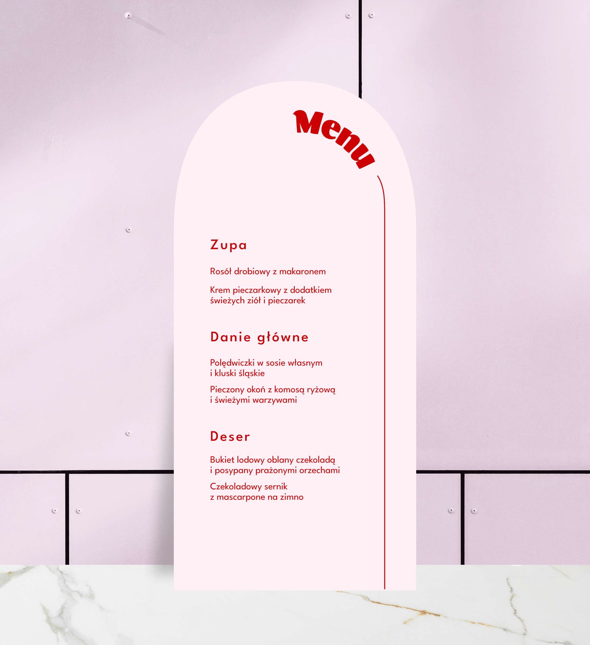 Menu jednokartkowe ślubne, pastelowy róż, żywe kolory, nowoczesne, papier premium, owalne