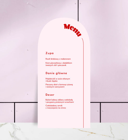 Menu jednokartkowe ślubne, pastelowy róż, żywe kolory, nowoczesne, papier premium, owalne