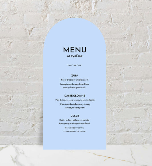 Menu ślubne jednokartkowe błękitne z niebanalną czcionką, papier premium