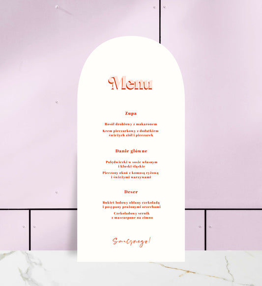 Menu jednokartkowe ślubne, fantazyjny wzór i nietypowy owalny kształt, artystyczne wykonanie na papierze premium