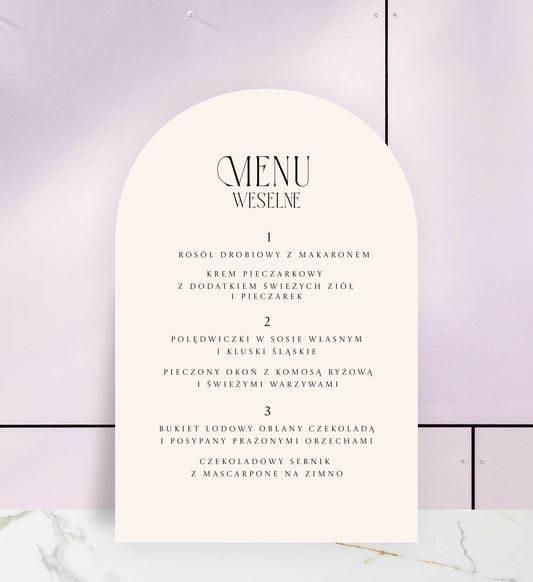 Menu ślubne jednokartkowe, eleganckie, papier premium