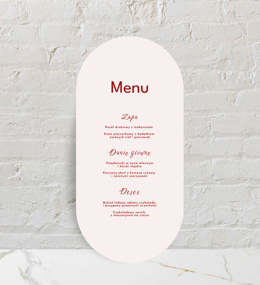 Menu ślubne jednokartkowe kremowe, subtelne, artystyczna forma, na papierze premium
