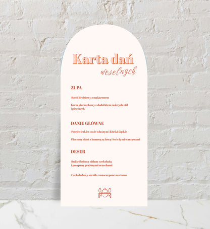 Menu ślubne jednokartkowe dwustronne, kremowe w delikatne wzory na papierze premium