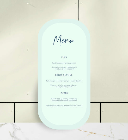 Menu ślubne jednokartkowe minimalistyczne, zielone, w nowoczesnym kształcie na papierze premium