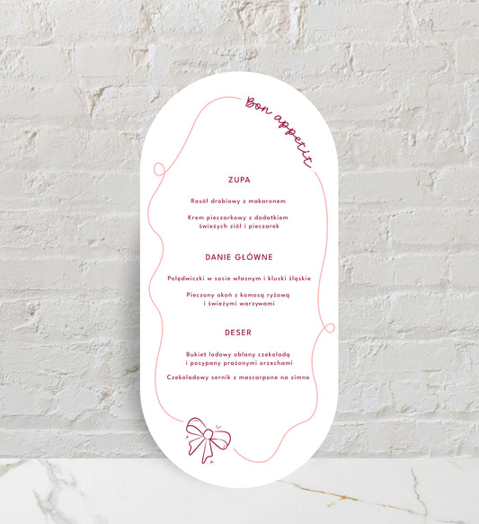 Menu weselne jednokartkowe, o owalnym kształcie na papierze premium