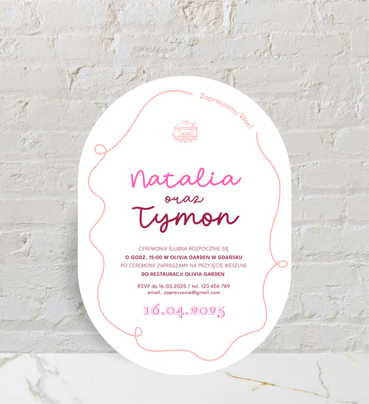 Zaproszenia ślubne białe, o owalnym kształcie i z fantazyjnym wzorem, na papierze premium